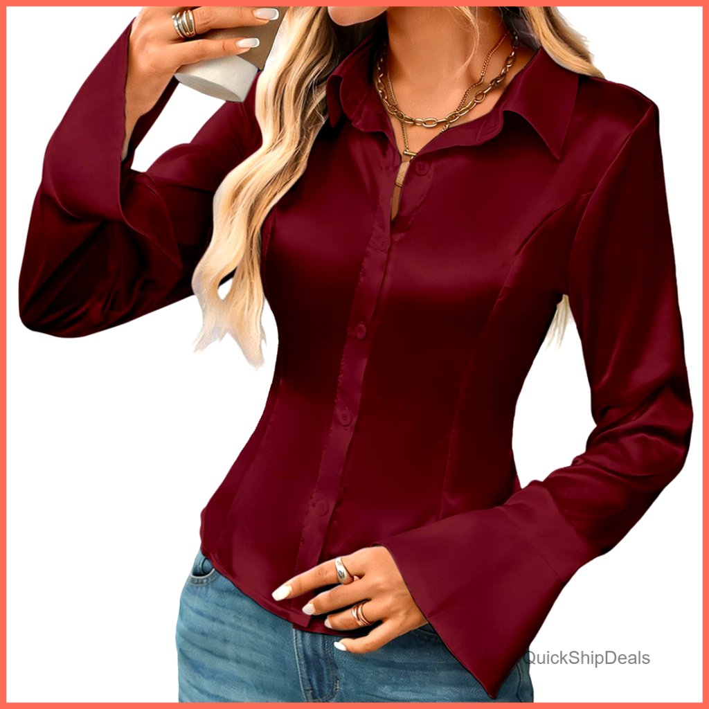 Satin V-Neck Blouse Long Sleeve Button Down Shirt Business Casual Loose Fit